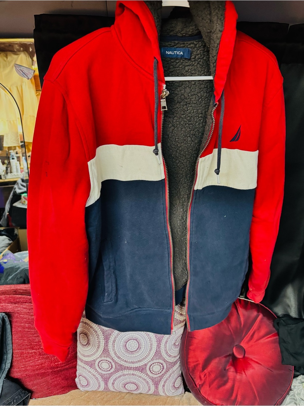 Nautica Red White Navy Sherpa-Lined Zip Hoodie